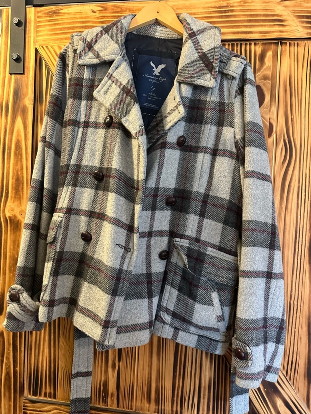 American Eagle Outfitters Gray and Burgundy Plaid Wool-Blend Peacoat